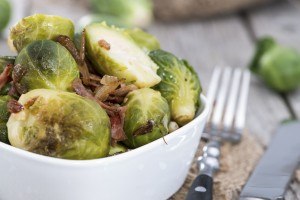 Portion of fried Brussel Sprouts with Ham and Onions